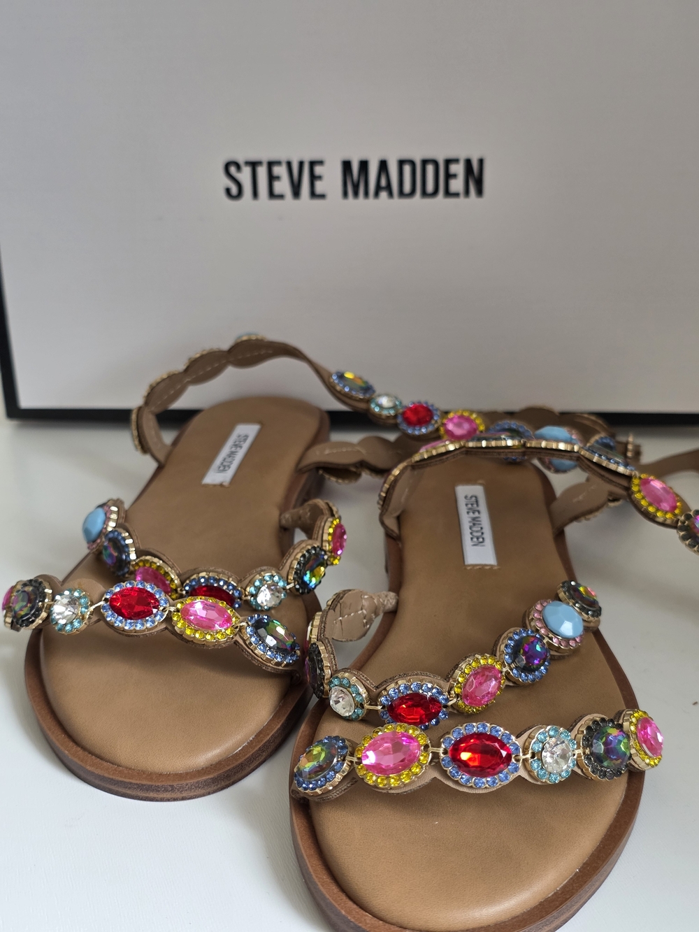 Steve Madden Tan Jewel-Embellished Tawnie Ankle Strap Sandal Size 6